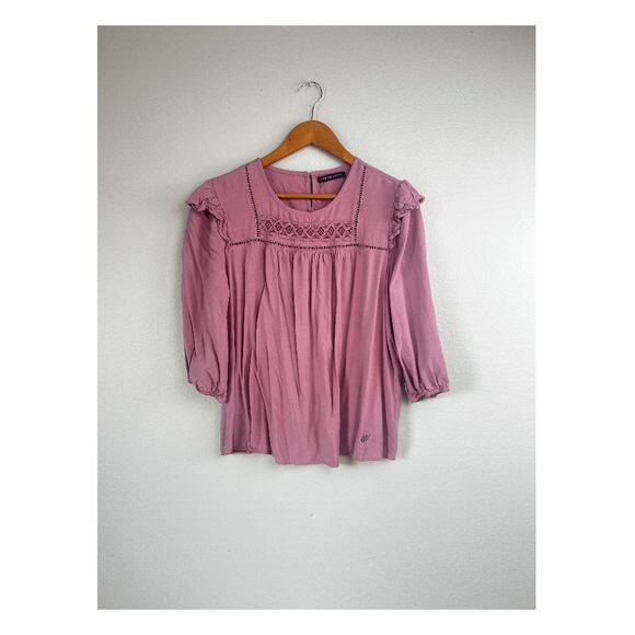 Adrienne Vittadini Blouse Round Neck Boxy Fit Ruffeled Long Sleeve Mauve Pink L - Picture 2 of 9